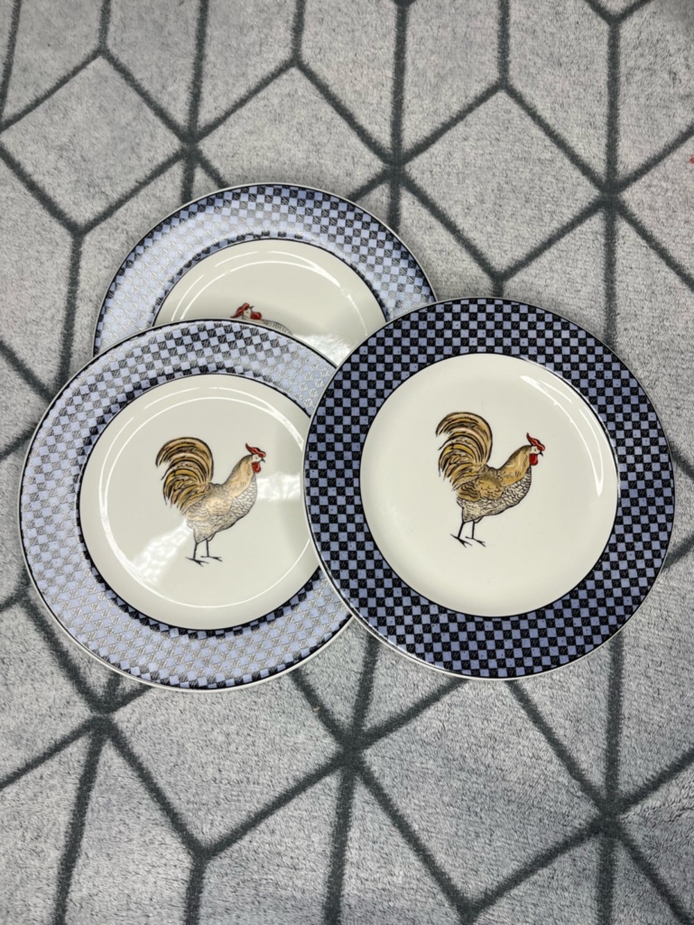 Libbey Rooster Plates Set of 10 French Country Blue Black Checkerboard Check Rim